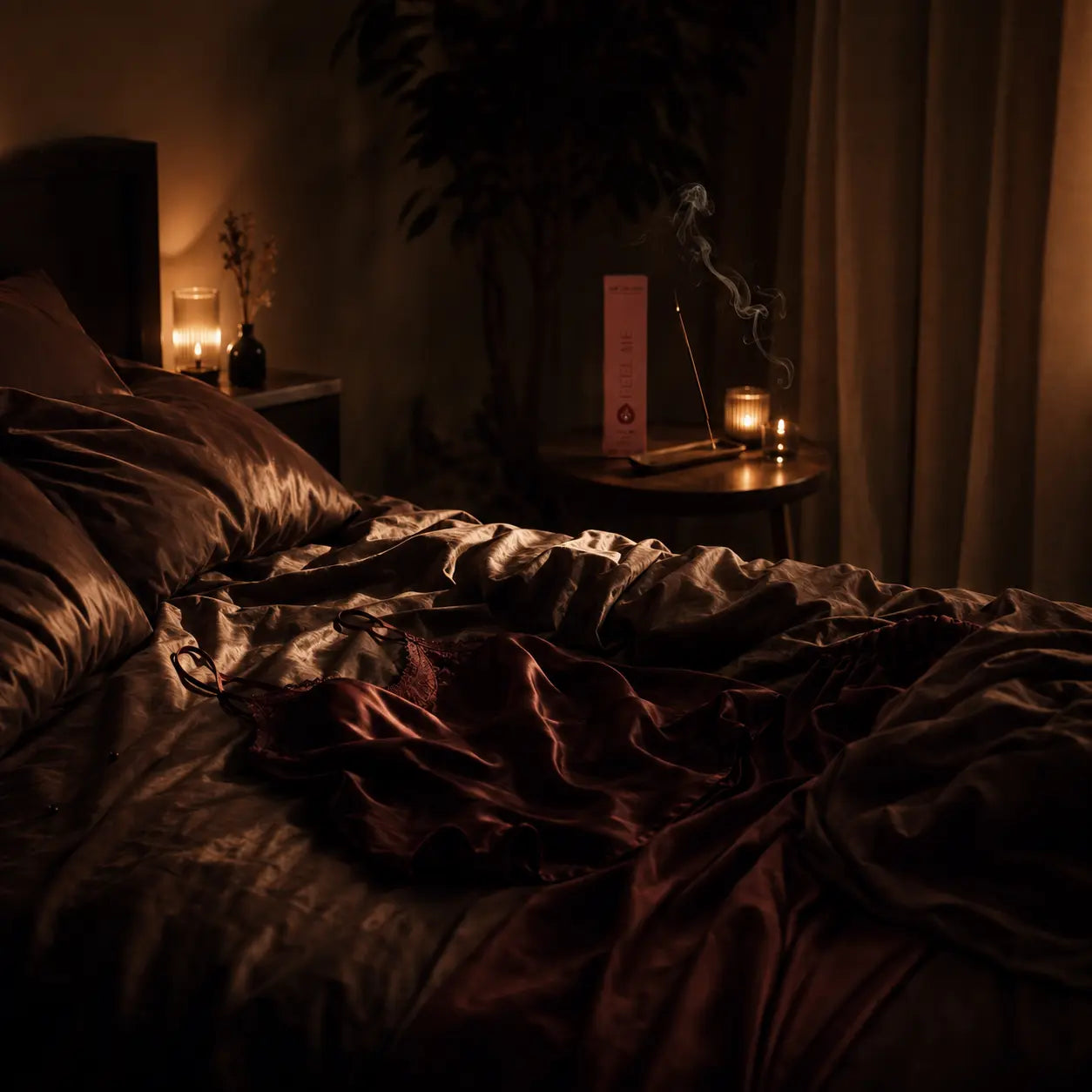 Feel Me Intense Räucherstäbchen in einem dunklen Schlafzimmer mit Kerzenlicht und sinnlicher Atmosphäre