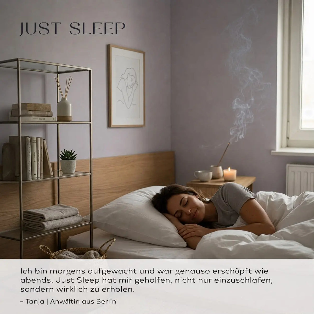 Just Sleep Moodbild mit Person und ruhiger Schlafstimmung