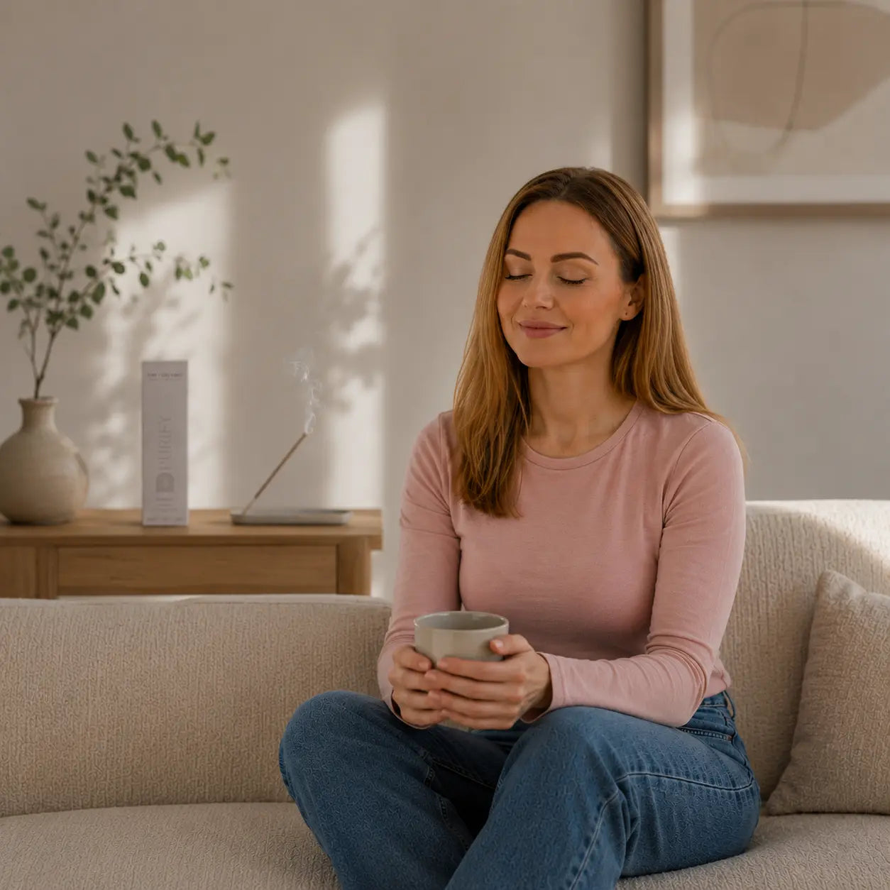 Frau sitzt auf dem Sofa im Hintergrund