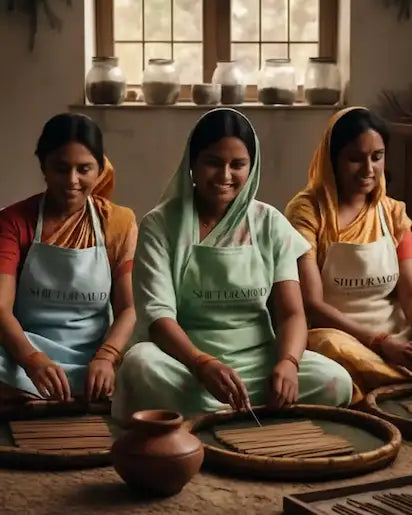 Drei glückliche indische Frauen stellen handgemachte Räucherstäbchen her, mit dem Markenlogo 