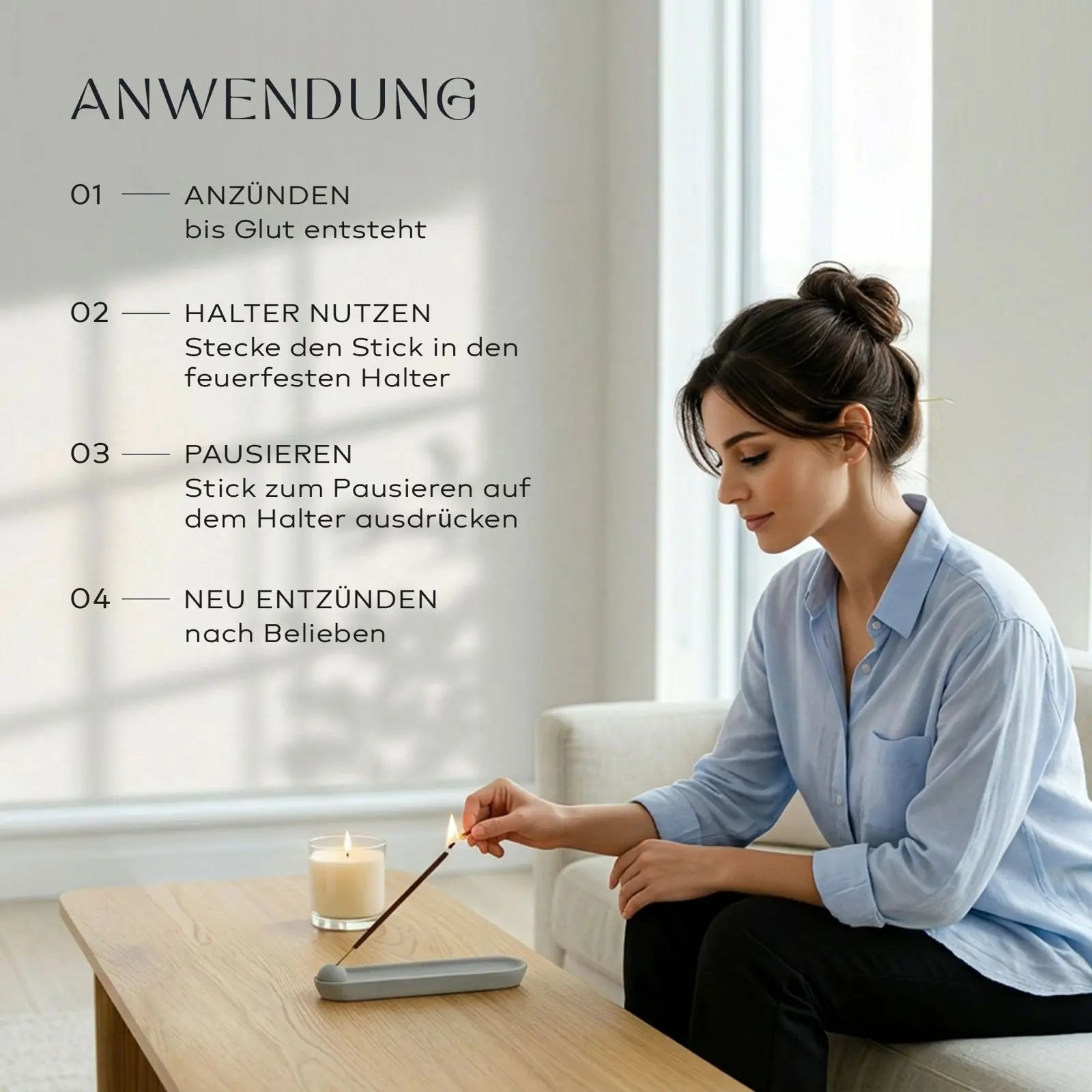 Bild einer Frau die Stäbchen anzündet, Erklärung der Anwendung