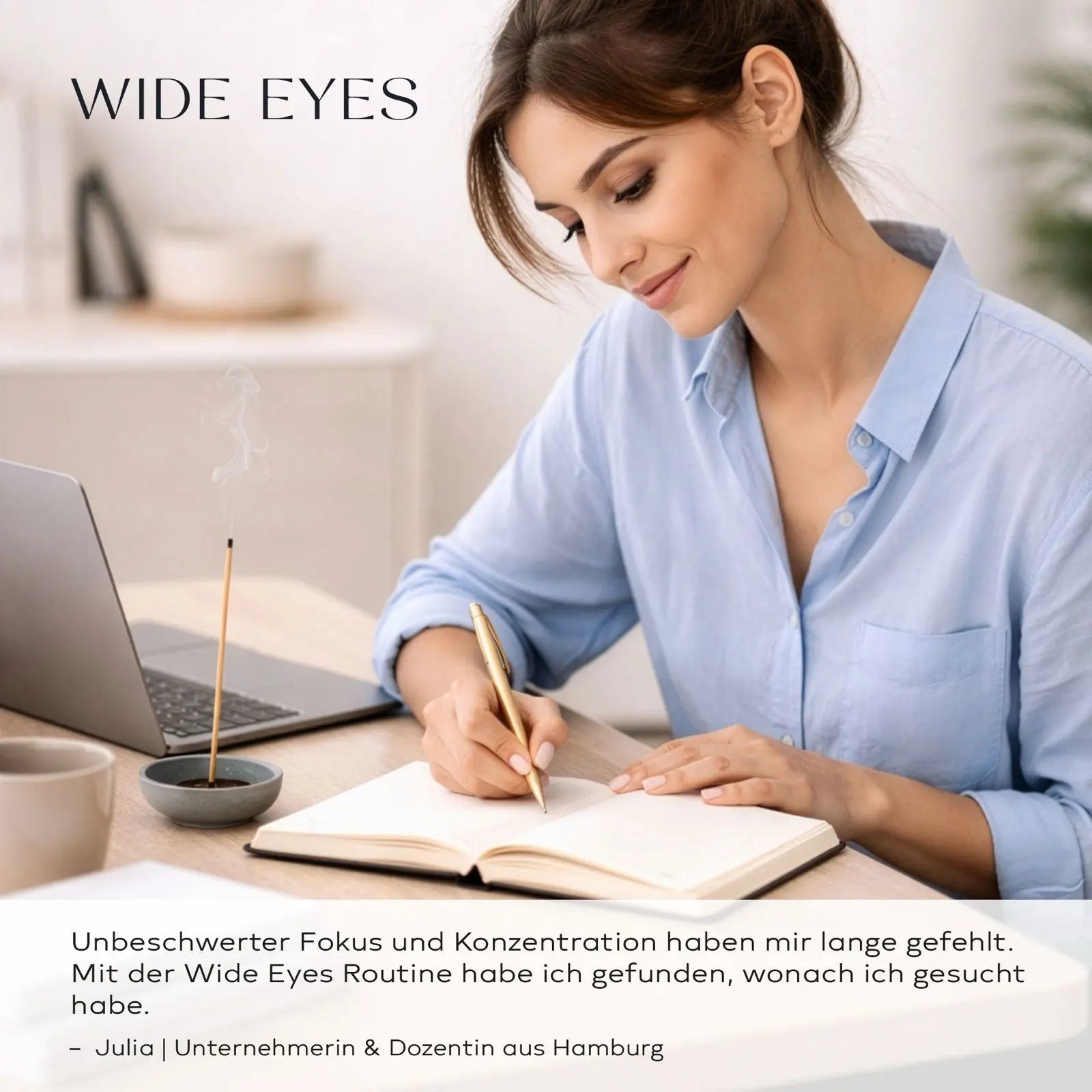 Eine Frau schreibt auf einen Zettel, Wide Eyes Stäbchen brennt