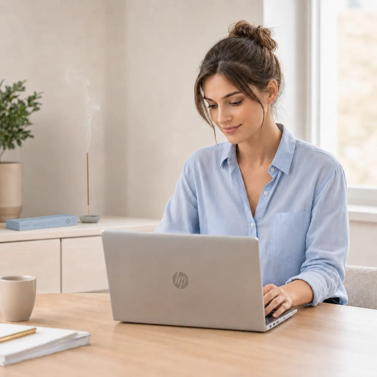 Frau im im Arbeitszimmer mit Wide Eyes Räucherstäbchen