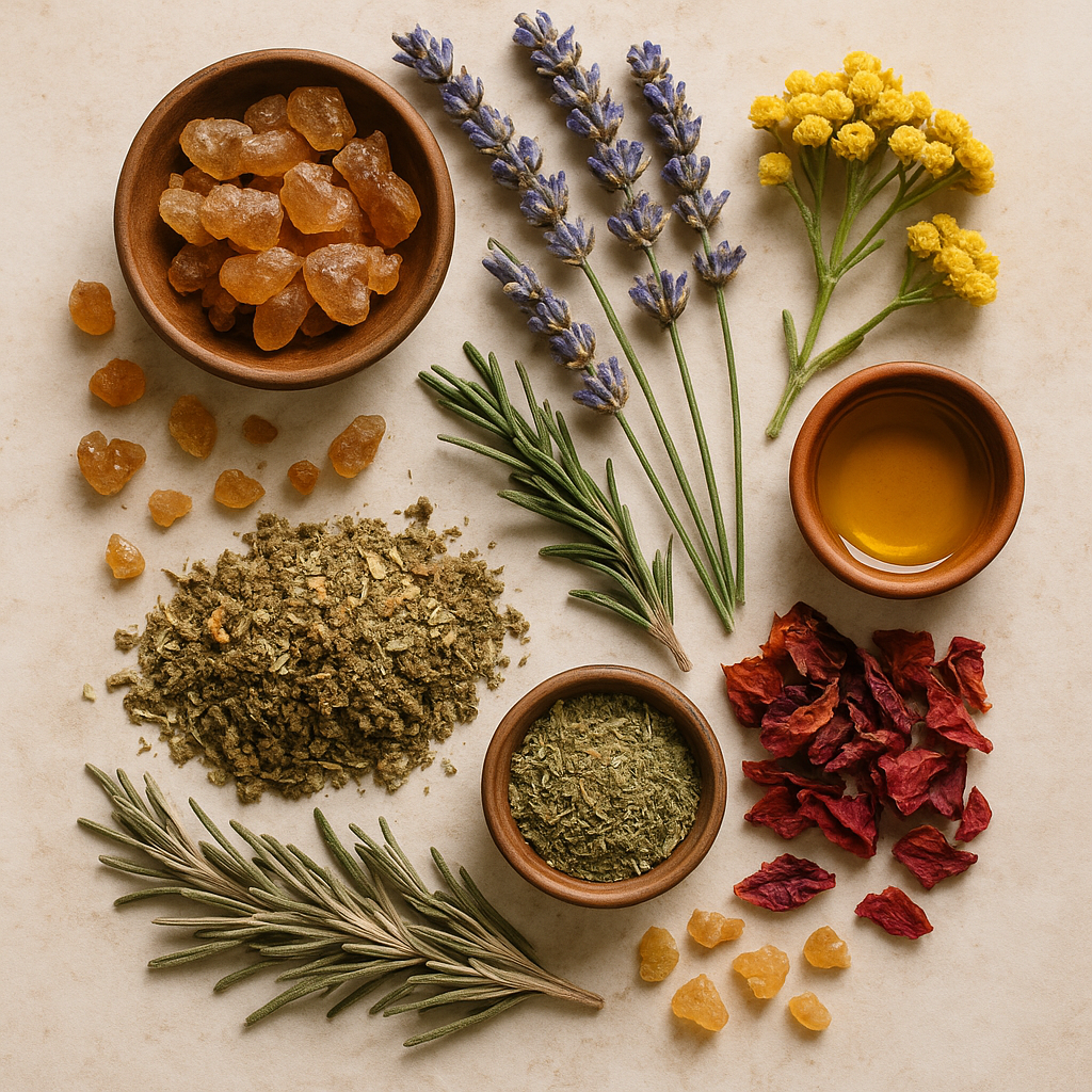 Natürliche Rohstoffe für Masala Räucherstäbchen: Oudh, Palo Santo, Kräuter und Blüten