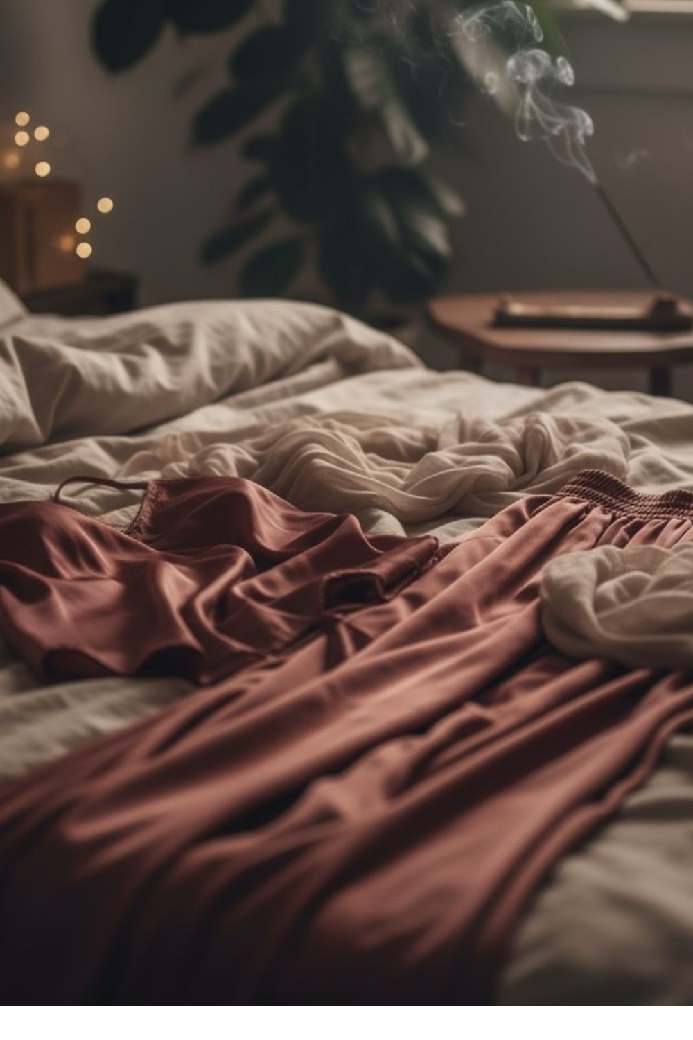 Ästhetisch komponiertes, leicht durcheinander wirkendes Schlafzimmerambiente mit zarter Unterwäsche und einem dezent glimmenden Räucherstäbchen, das nach einer intimen Nacht aussieht.