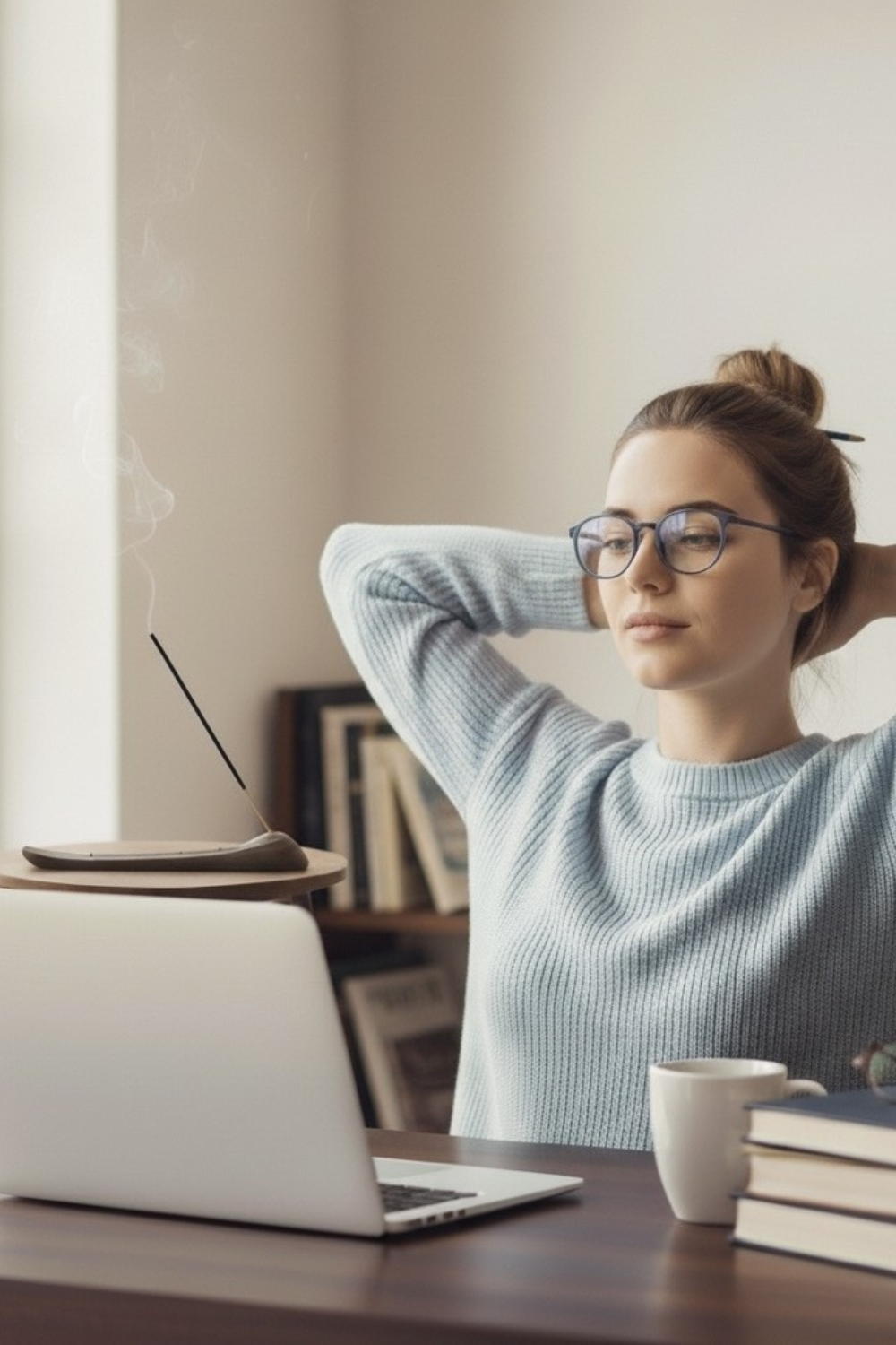 Konzentriert und entspannt am Laptop arbeitende Frau, während im Hintergrund ein Räucherstäbchen eine klare Atmosphäre schafft.