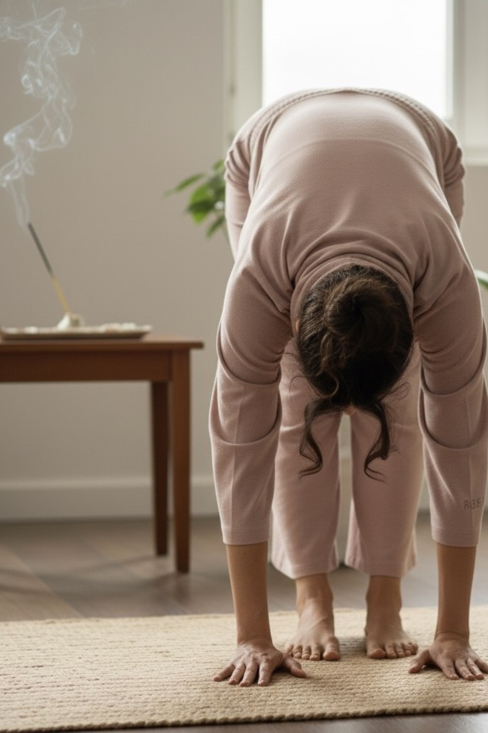 Sportliche Frau in einer Yoga-Pose, nach vorne gebeugt, konzentriert auf ihr Workout, während ein Räucherstäbchen für meditative Stimmung sorgt.