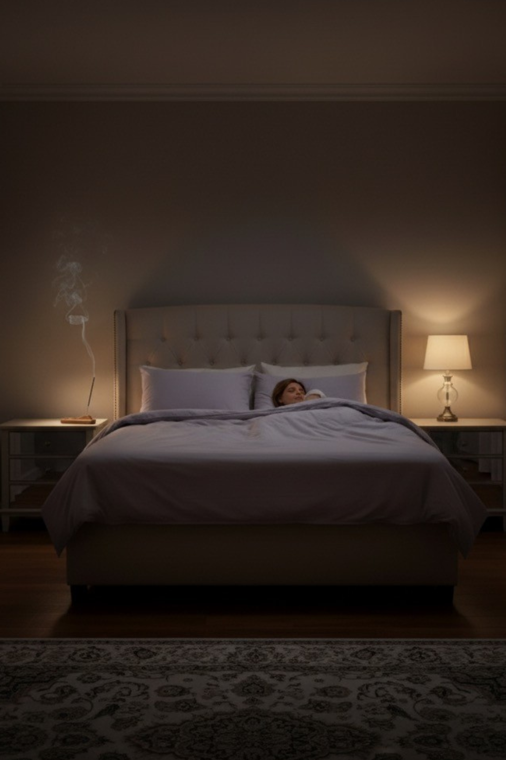 Frau schläft friedlich im Bett, ein Räucherstäbchen brennt dezent im Hintergrund und fördert tiefe Entspannung.