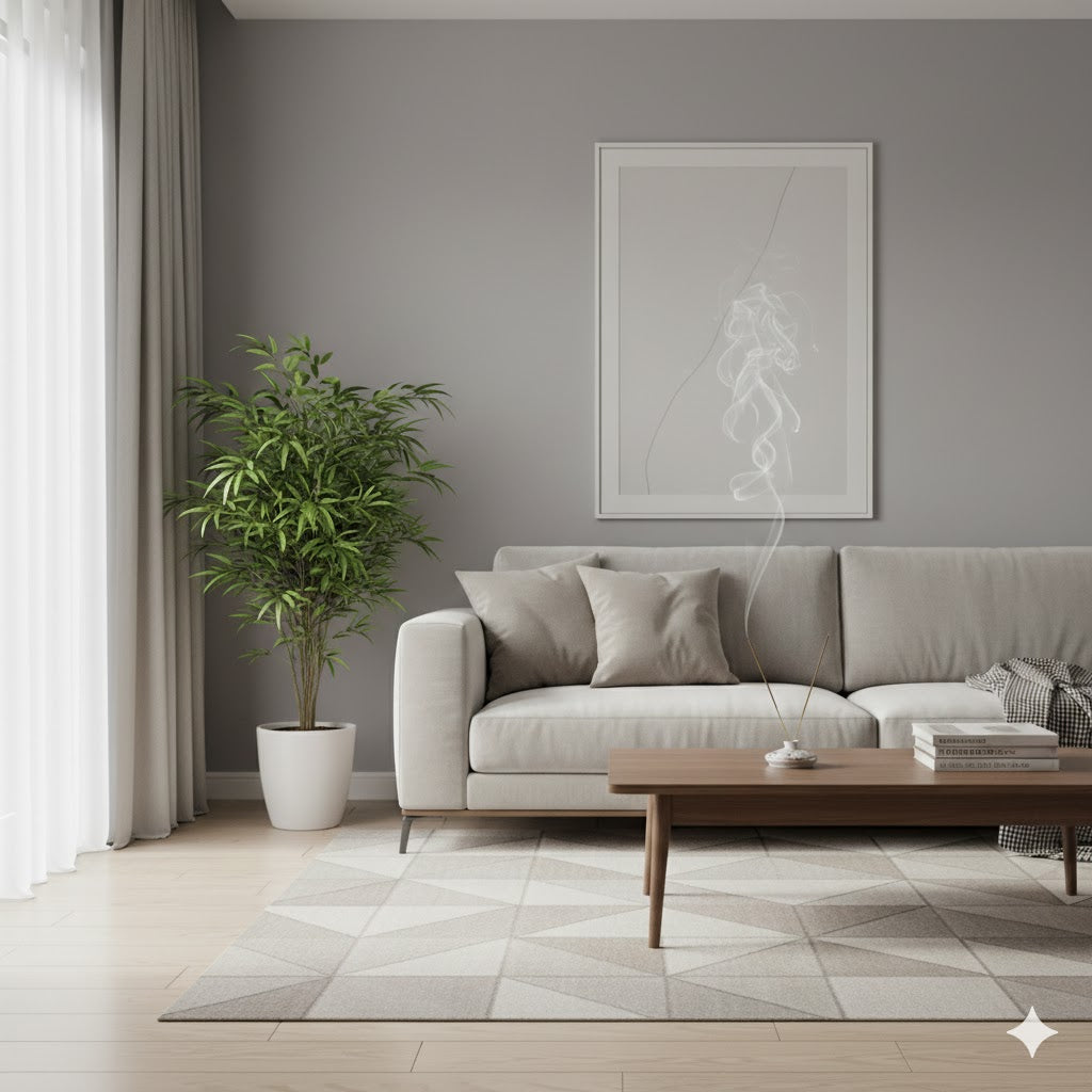 Harmonisch eingerichtete Wohnung mit Sofa und Pflanze, ein Räucherstäbchen brennt auf einem Tisch und symbolisiert Reinheit und frische Energie.
