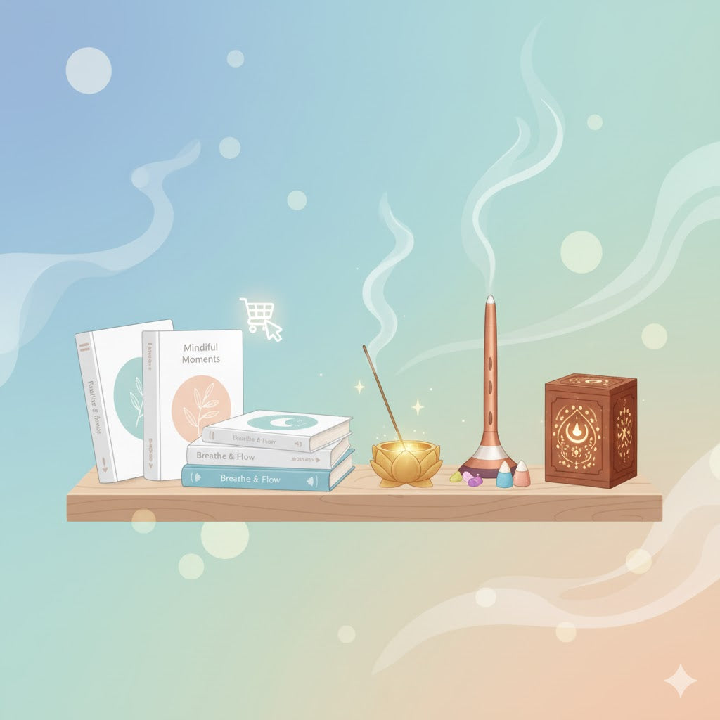 Ein geordnetes Arrangement von acht verschiedenen Räucherstäbchen-Produkten um einen zentralen Räucherstäbchenhalter mit einem glimmenden Stäbchen, symbolisierend Ganzheitlichkeit und innere Führung.