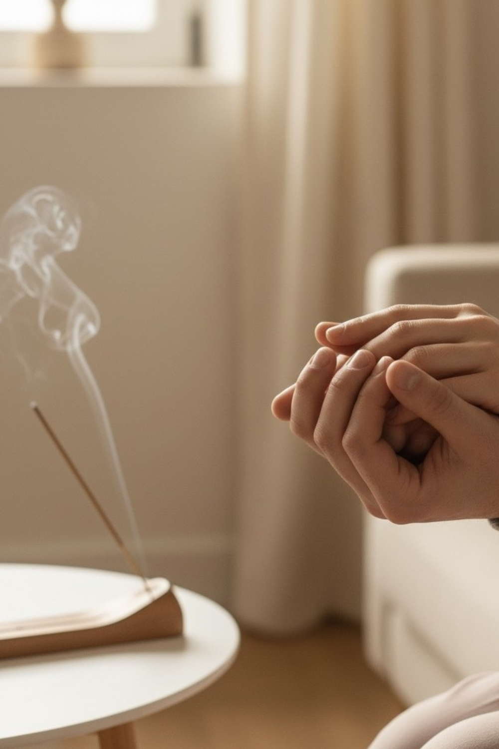 Zwei Hände halten sich zärtlich, ein Symbol für sanfte Berührung und innige Verbundenheit, mit einem subtilen Hinweis auf sinnliche Aromen durch ein Räucherstäbchen.